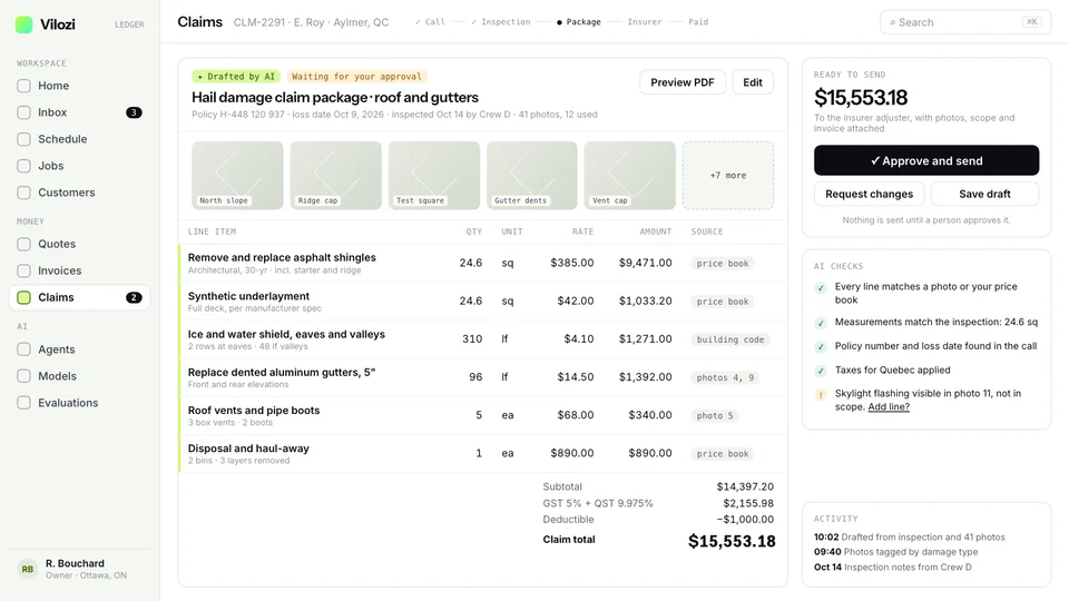 Vilozi Ledger: an AI-drafted hail damage claim package with photos, priced line items and an Approve and send button