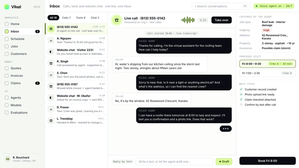 Vilozi Voice inbox: the AI voice agent answering a roof leak call live, with the transcript and the visit it is booking